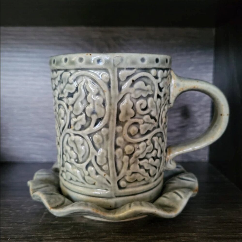 Green Coffee Tea Cup with Saucer Thailand Flower Design Pottery Ceramic Cozy